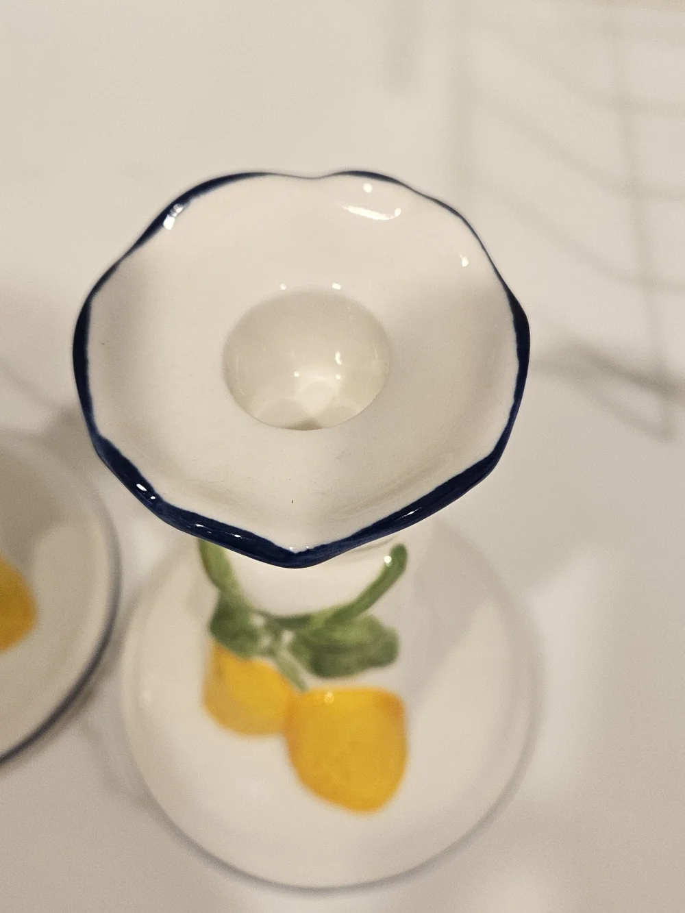 Ceramic Lemon Decorative Candle Holders - White and Yellow Trimmed In Blue